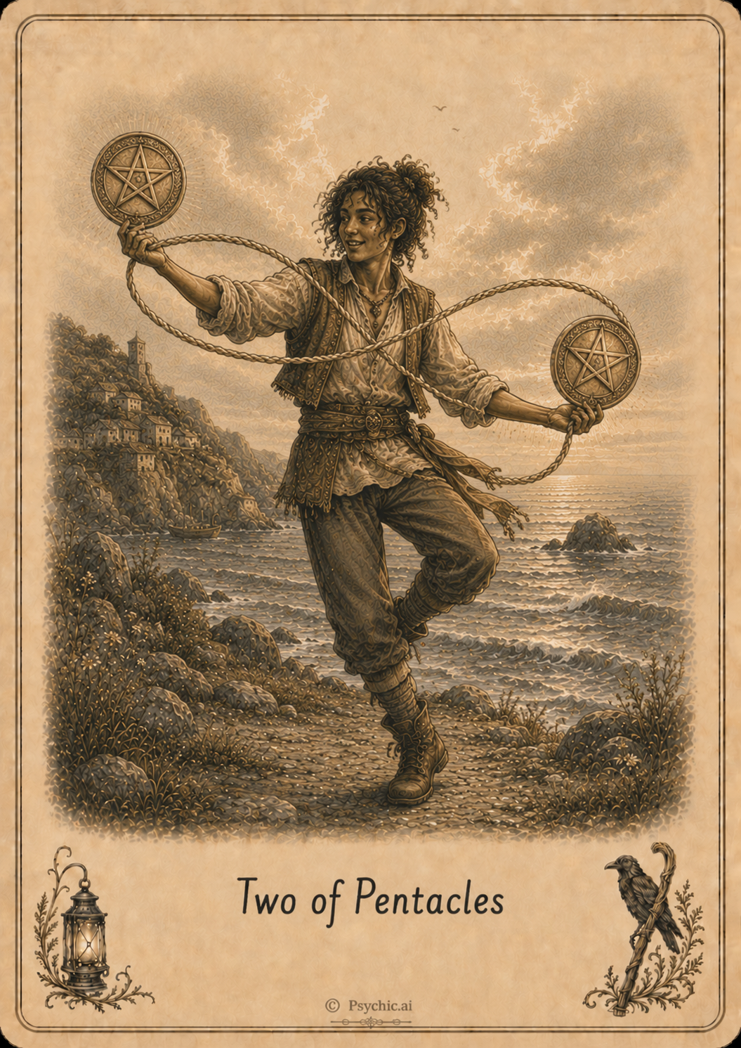 Two of Pentacles tarot card illustration